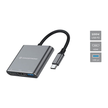 CONCEPTRONIC 3-1 Dock USB-C->HDMI/USB-A/100WPD 25cm gr
