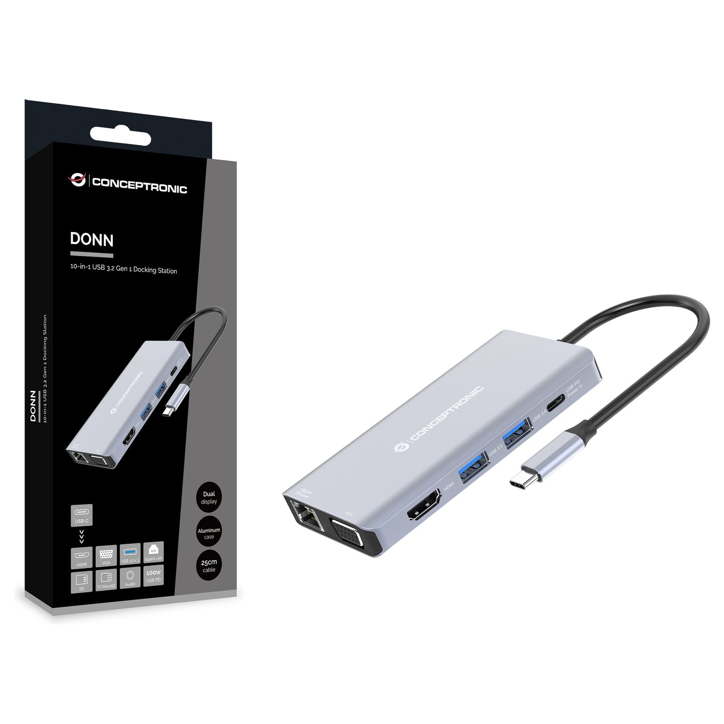 CONCEPTRONIC 10-1 Dock USB-C->HDMI/USB-A/VGA/AUX/+ 25cm gr