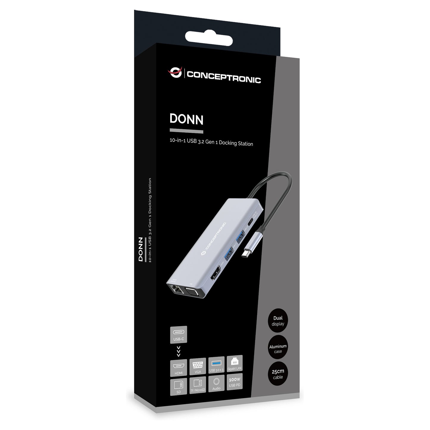 CONCEPTRONIC 10-1 Dock USB-C->HDMI/USB-A/VGA/AUX/+ 25cm gr