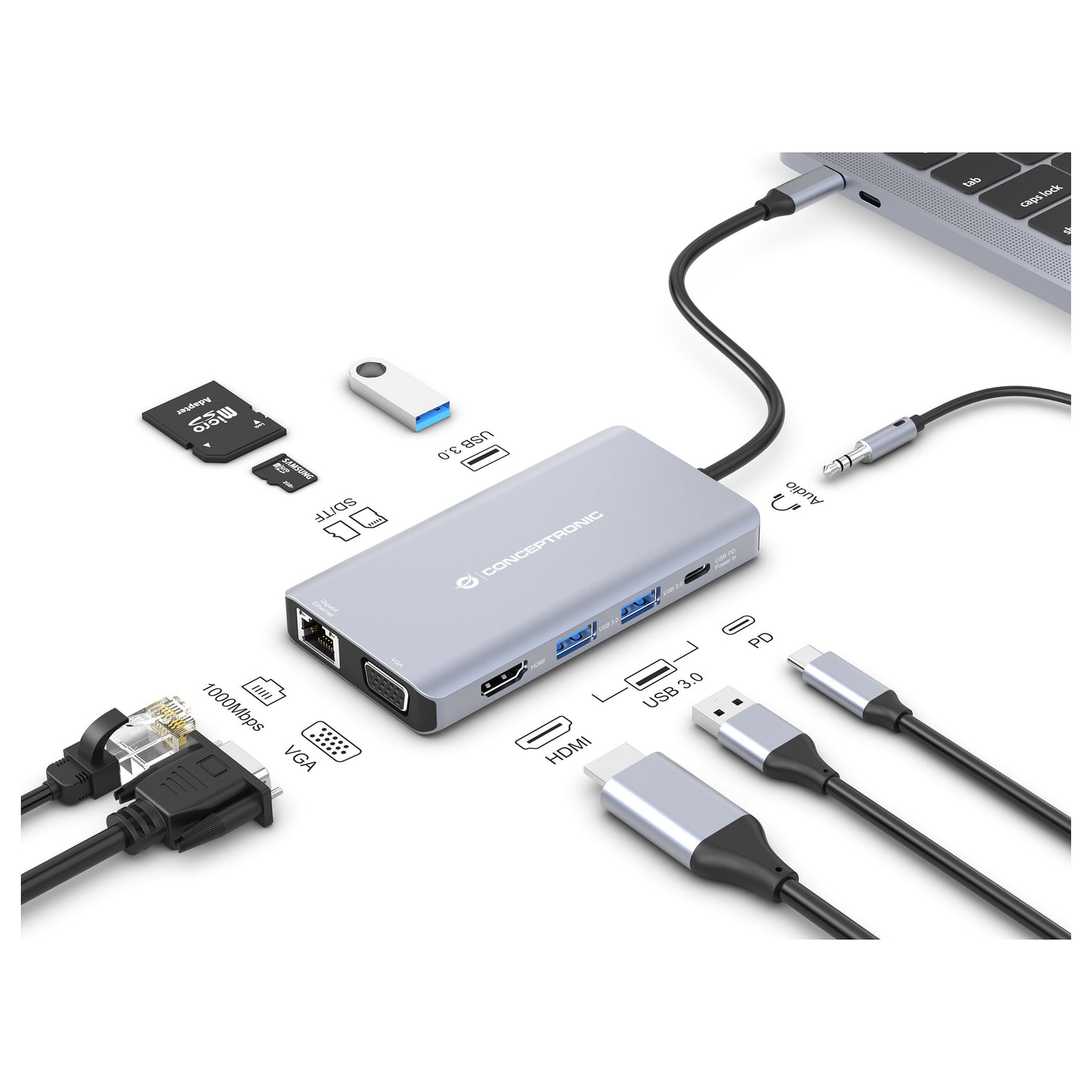 CONCEPTRONIC 10-1 Dock USB-C->HDMI/USB-A/VGA/AUX/+ 25cm gr