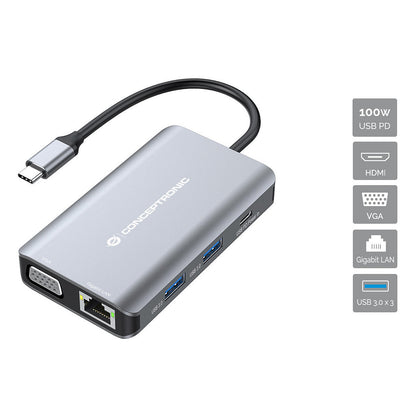 CONCEPTRONIC 7-1 Dock USB-C->HDMI/3xUSB-A/VGA/+ 25cm gr