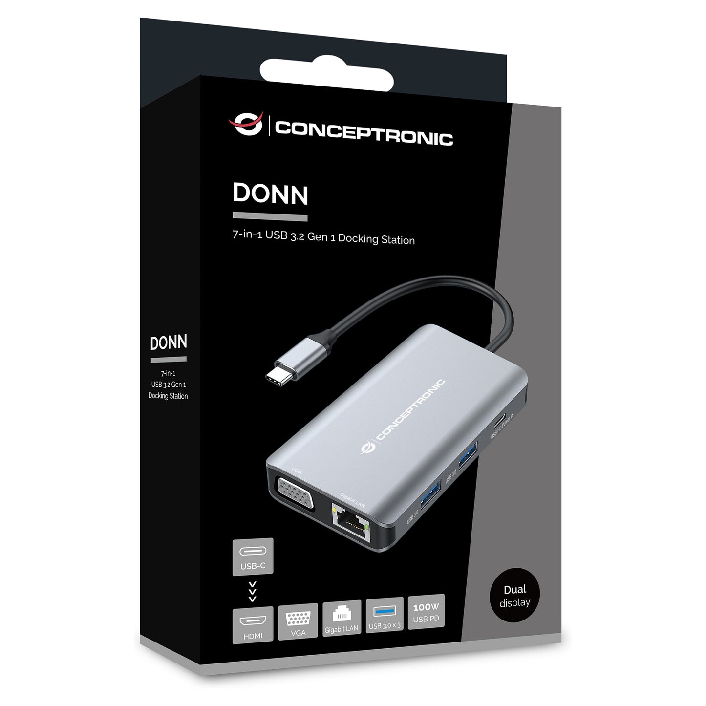 CONCEPTRONIC 7-1 Dock USB-C->HDMI/3xUSB-A/VGA/+ 25cm gr