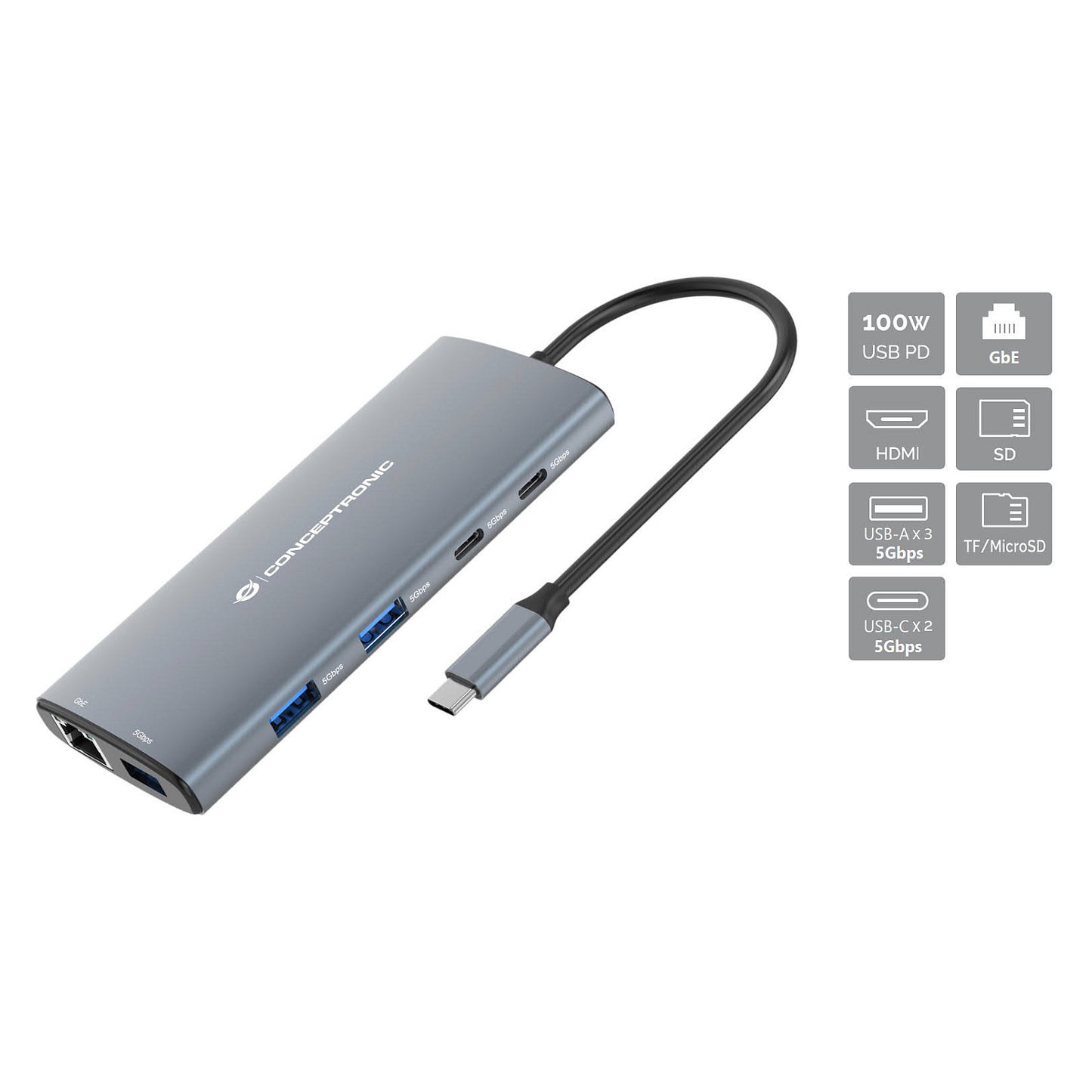 CONCEPTRONIC 10-1 Dock USB-C->HDMI/2xUSB-C/3xUSB-A/+ 20cm gr