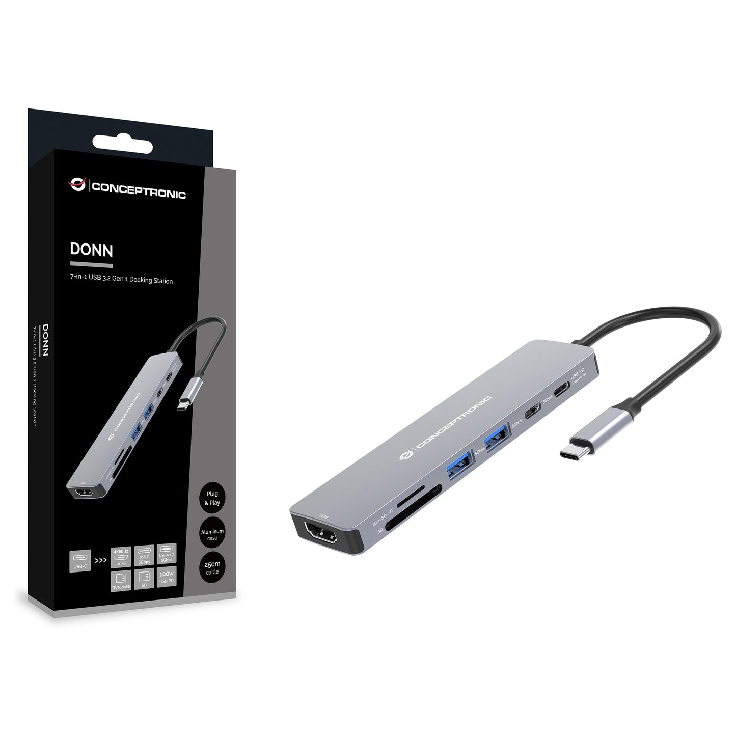 CONCEPTRONIC 7-1 Dock USB-C->HDMI/USB-C/2xUSB-A/+ 25cm gr