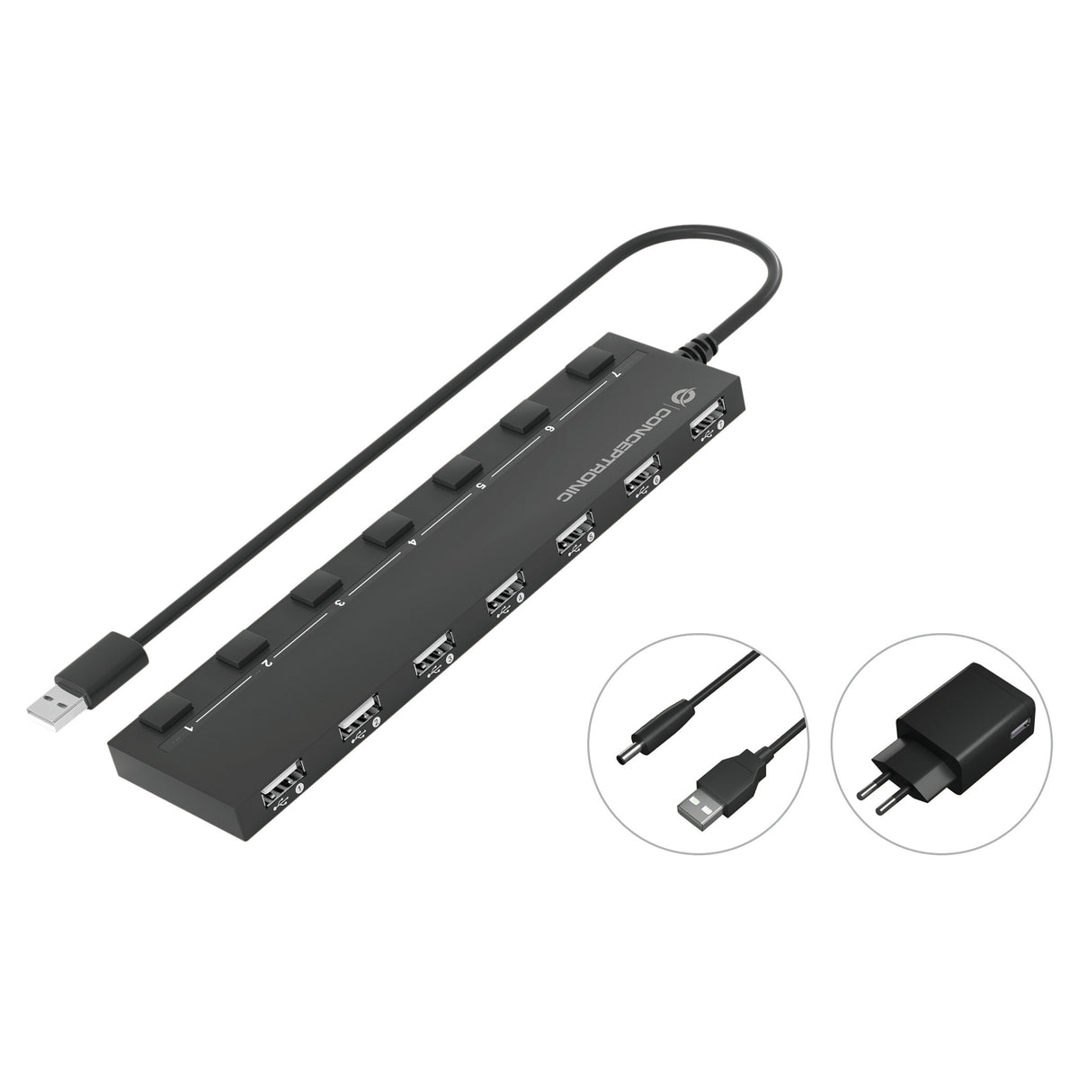 CONCEPTRONIC 7-Port Hub USB-A2.0->7xA2.0/DC m.Netz. sw