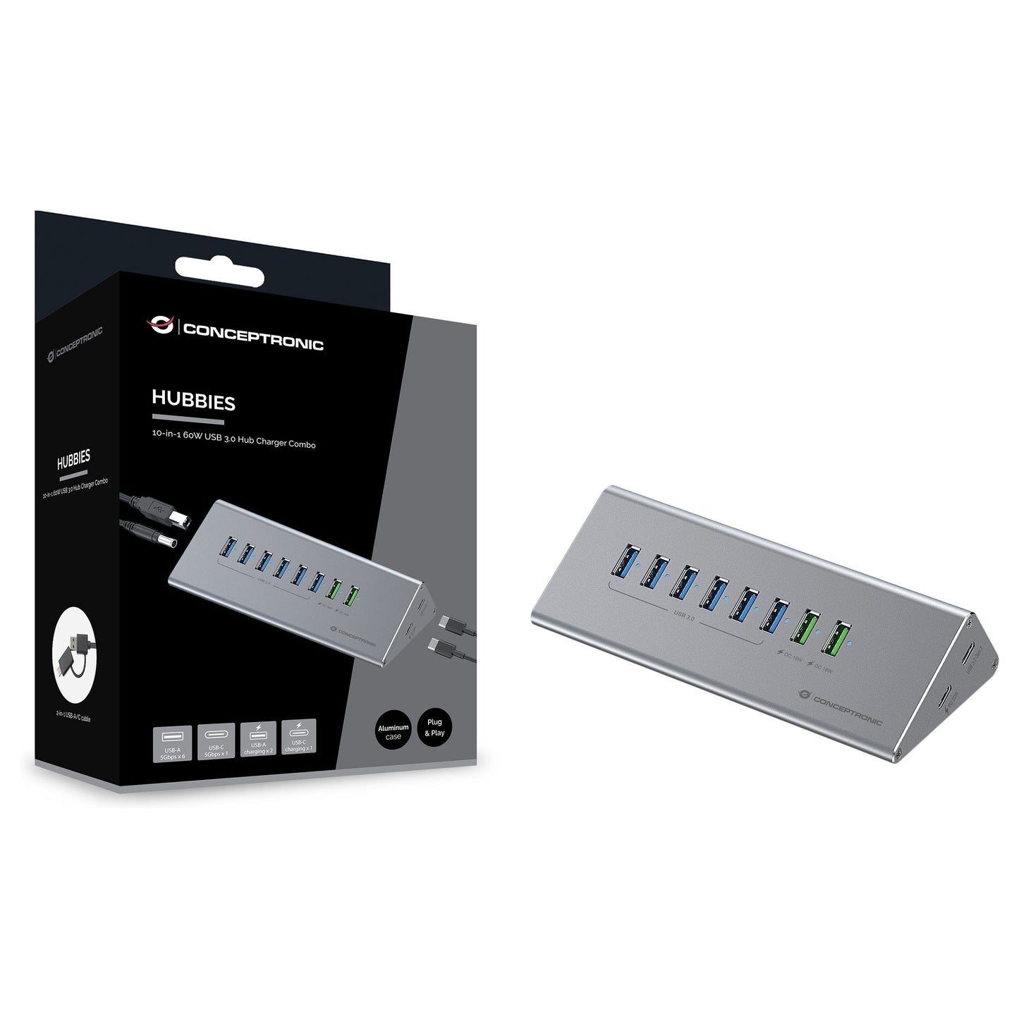 CONCEPTRONIC10-Port Hub USB-A3.0/-C Adap.->6xA3.0+m.Netz. gr
