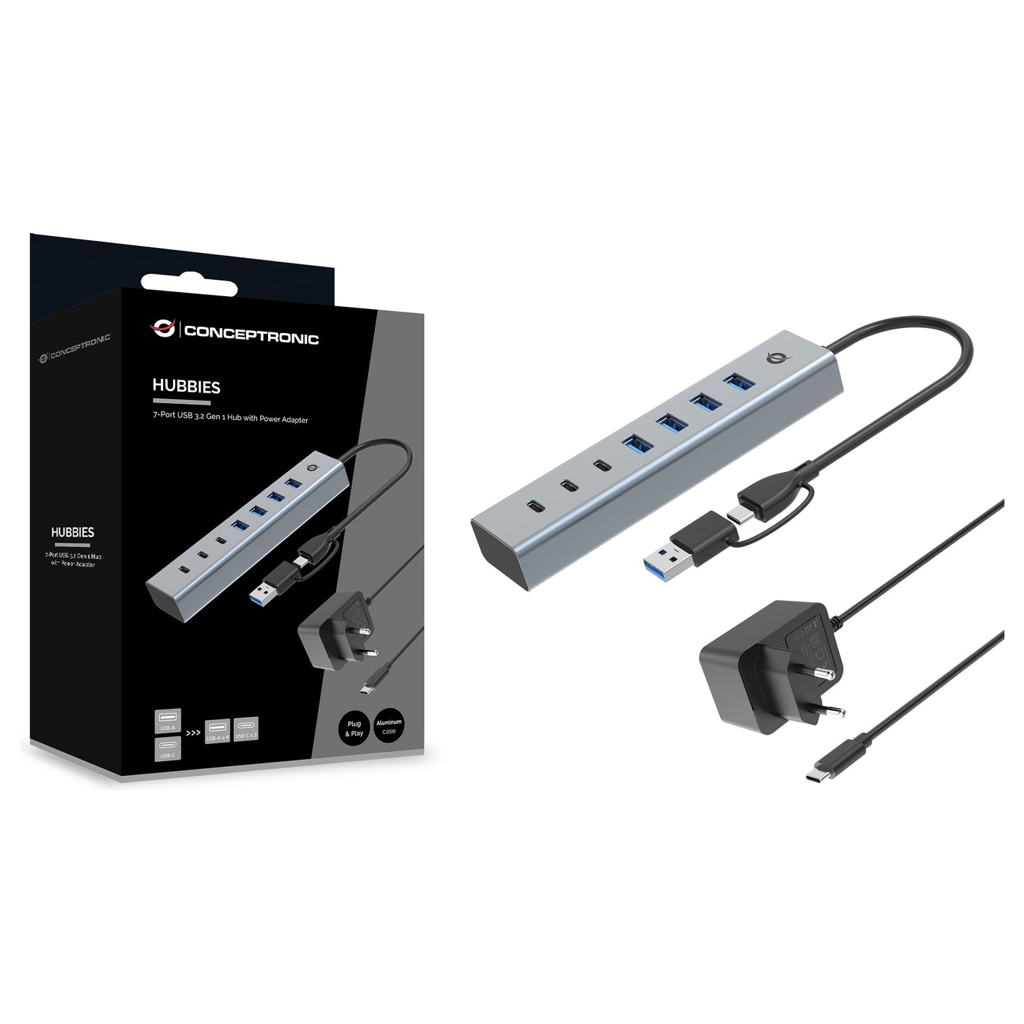 CONCEPTRONIC 7-Port Hub USB-A3.0/-C Adap.->4xA3.0+m.Netz. gr