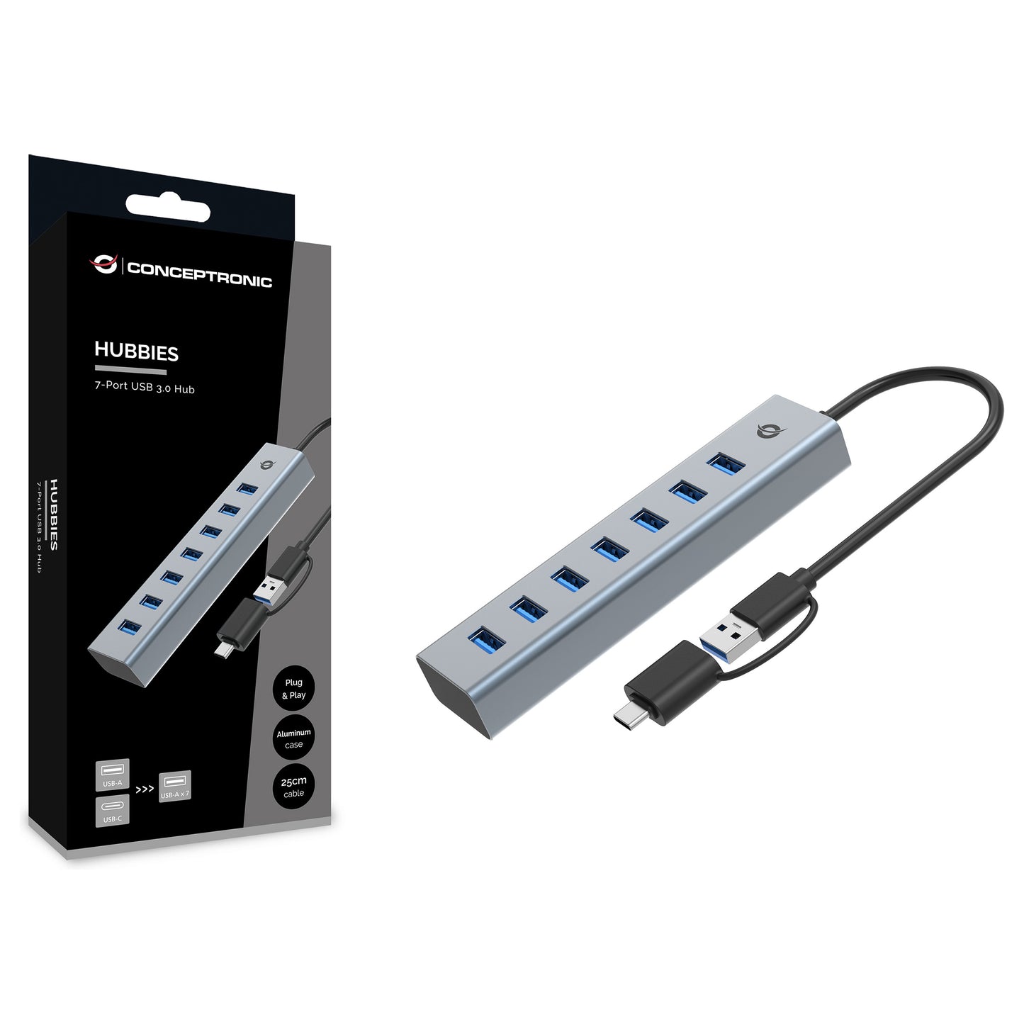 CONCEPTRONIC 7-Port Hub USB-A3.0/-C Adap.->7xA3.0 o.Netz. gr