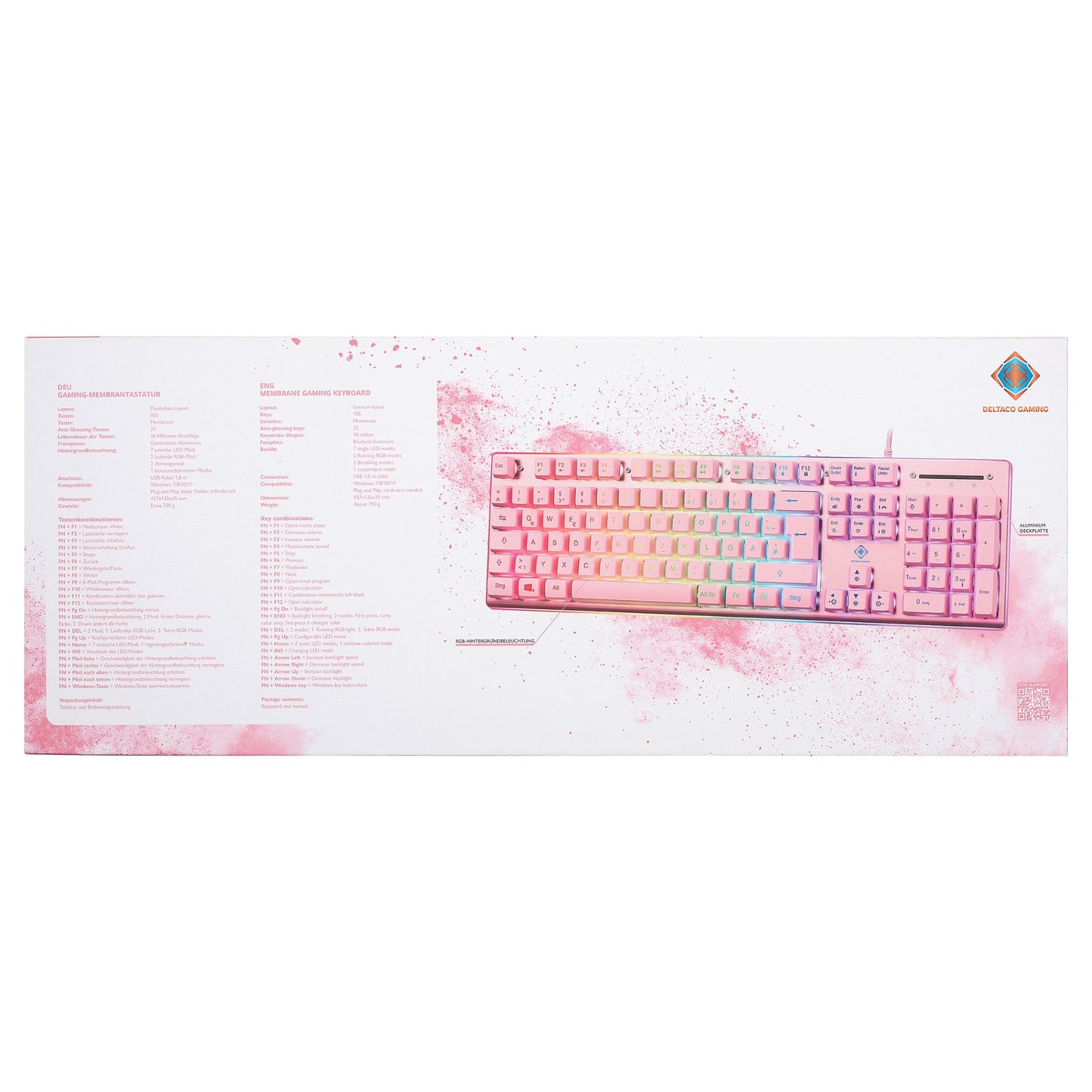 Deltaco Gaming Tastatur USB, RGB pink