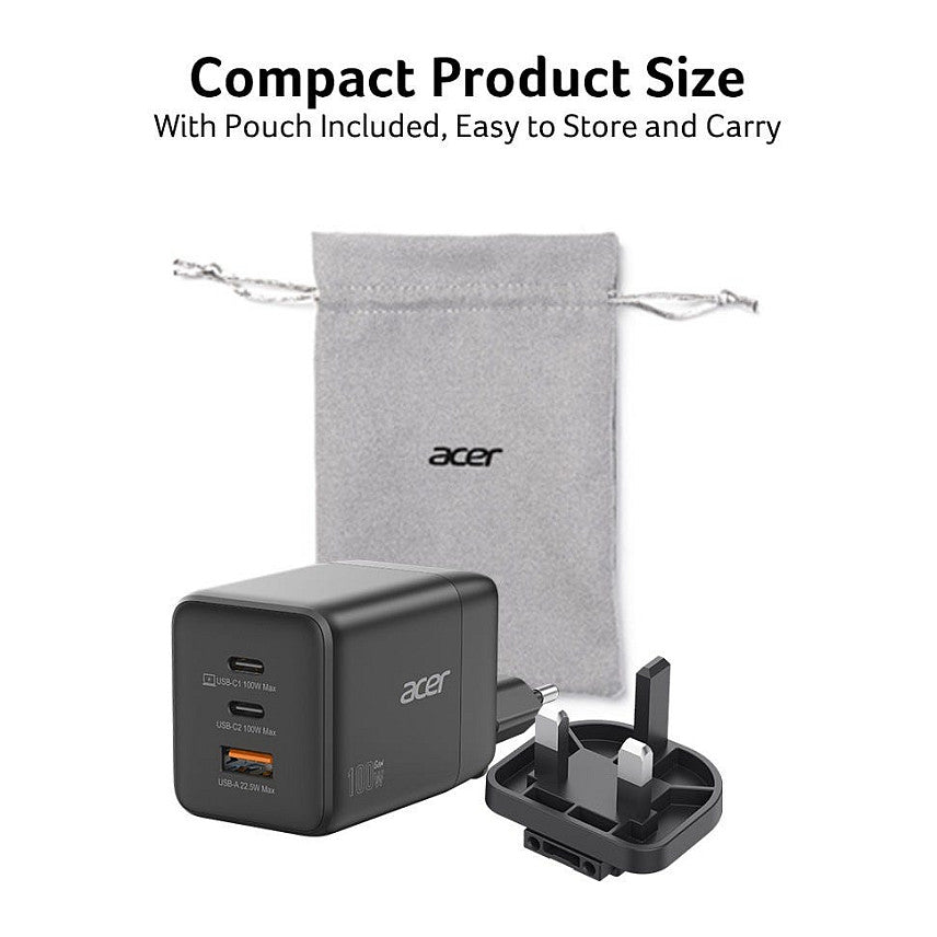 Acer GaN 100w 2 x USB-C + 1x USB-A ports. black