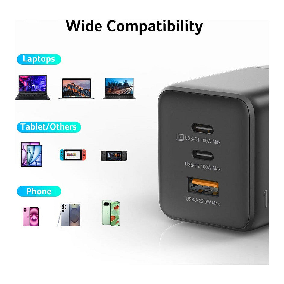 Acer GaN 100w 2 x USB-C + 1x USB-A ports. black