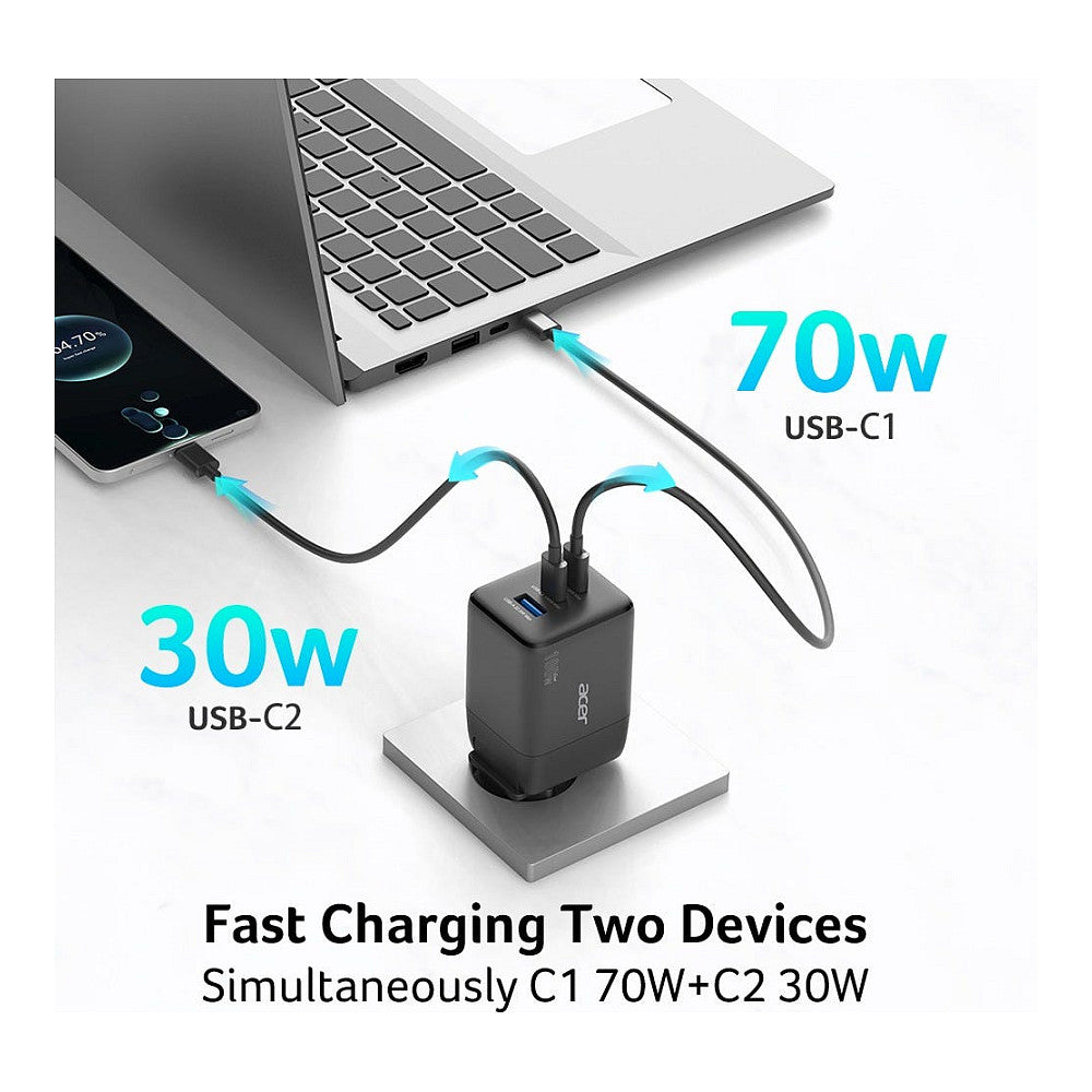 Acer GaN 100w 2 x USB-C + 1x USB-A ports. black