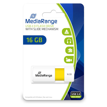 STICK MediaRange USB STICK 16GB USB 2.0 Slider yellow