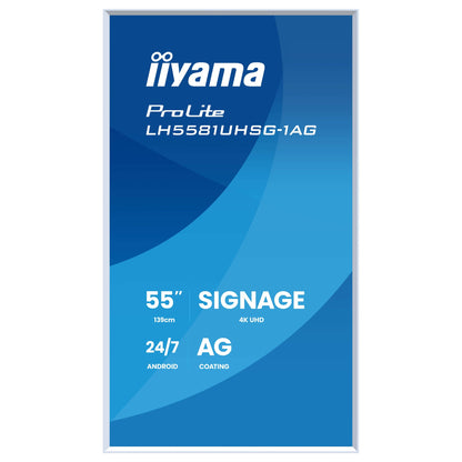 139,0 cm/54,6" (3840×2160) iiyama ProLite LH5581UHSG-1AG 16:9 VA 6,5 ms 60 Hz 500 cd/m² 24/7 HDMI×2 USB-C RJ45 RS-232c Speakers VESA White