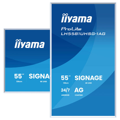 139,0 cm/54,6" (3840×2160) iiyama ProLite LH5581UHSG-1AG 16:9 VA 6,5 ms 60 Hz 500 cd/m² 24/7 HDMI×2 USB-C RJ45 RS-232c Speakers VESA White