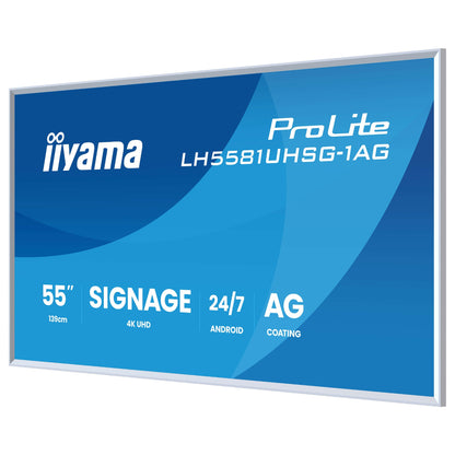 139,0 cm/54,6" (3840×2160) iiyama ProLite LH5581UHSG-1AG 16:9 VA 6,5 ms 60 Hz 500 cd/m² 24/7 HDMI×2 USB-C RJ45 RS-232c Speakers VESA White