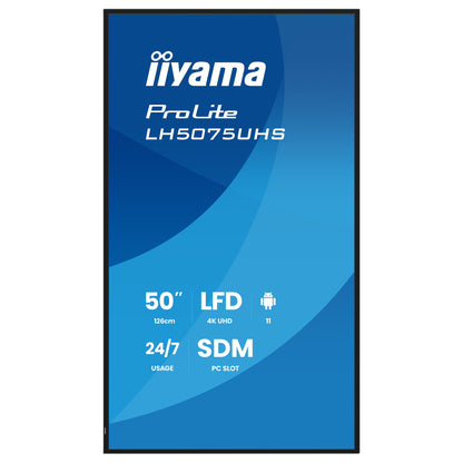 125,7 cm/49,5" (3840x2160) iiyama ProLite LH5075UHS-B2AG 16:9 VA 9,5 ms 60Hz 500 cd/m² 24/7 HDMI×3 DisplayPort USB WiFi SDM-Slot VESA Black