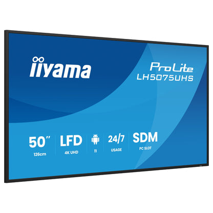 125,7 cm/49,5" (3840x2160) iiyama ProLite LH5075UHS-B2AG 16:9 VA 9,5 ms 60Hz 500 cd/m² 24/7 HDMI×3 DisplayPort USB WiFi SDM-Slot VESA Black