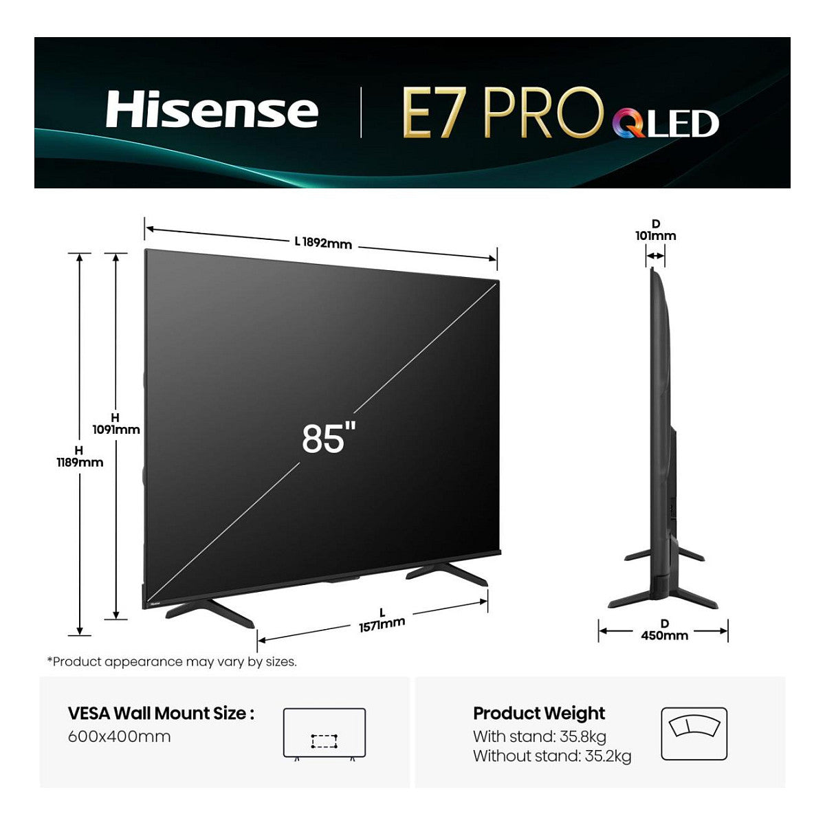 Hisense 85E77Q PRO 215cm 85" 4K QLED Smart TV Fernseher