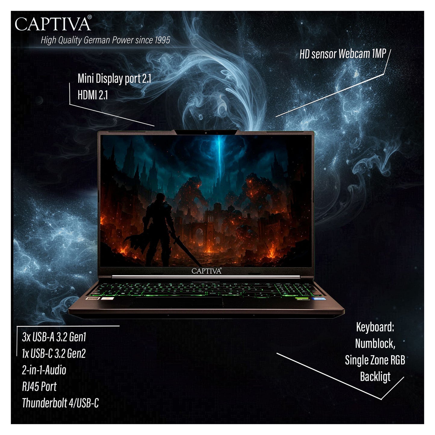 Captiva Notebook Highend Gaming I95-052GE 16" WQXGA Core i7-14650HX 32GB/1TB SSD RTX5070 Win 11