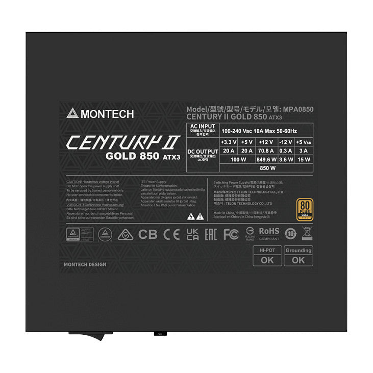 850W Montech CENTURY II 850 (silber, 1x 12-Pin High Power GPU, 4x PCIe, Kabelmanagement, 850 Watt)