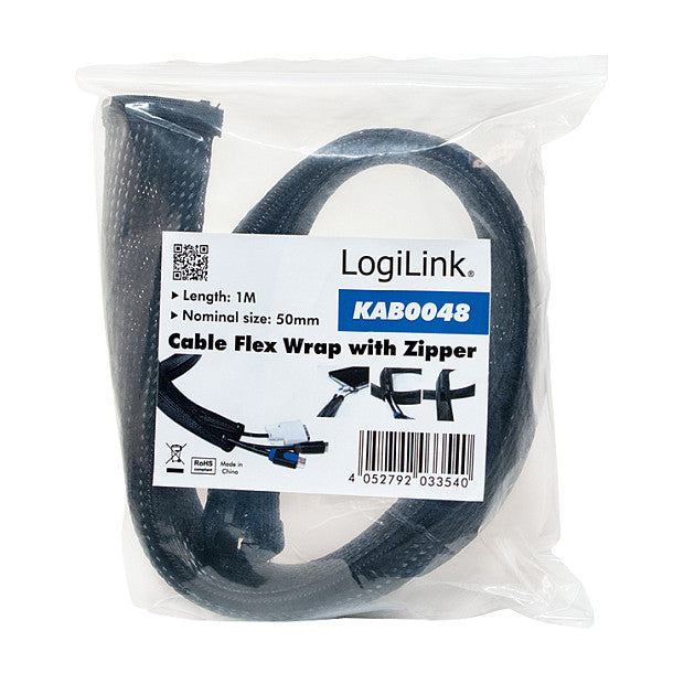 Logilink Kabelschlauch mit Reißverschluss AD: 50 mm, schw 1m