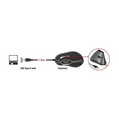DELOCK ergonom. Maus vertikal optisch 5-Tasten + 1.8m Kabel