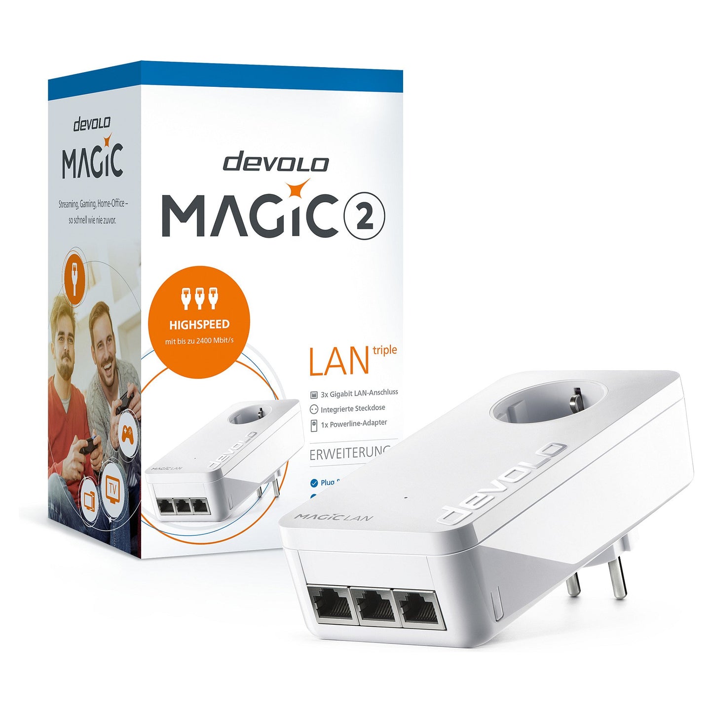devolo Magic 2 LAN triple Powerline Adapter Powerline bis zu 2.400 Mbit/s, 3x Gigabit LAN