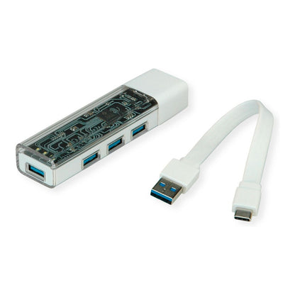 ROLINE Mobiler USB 3.2 Gen 1 Hub, 4fach, Typ A+C Anschlusskabel
