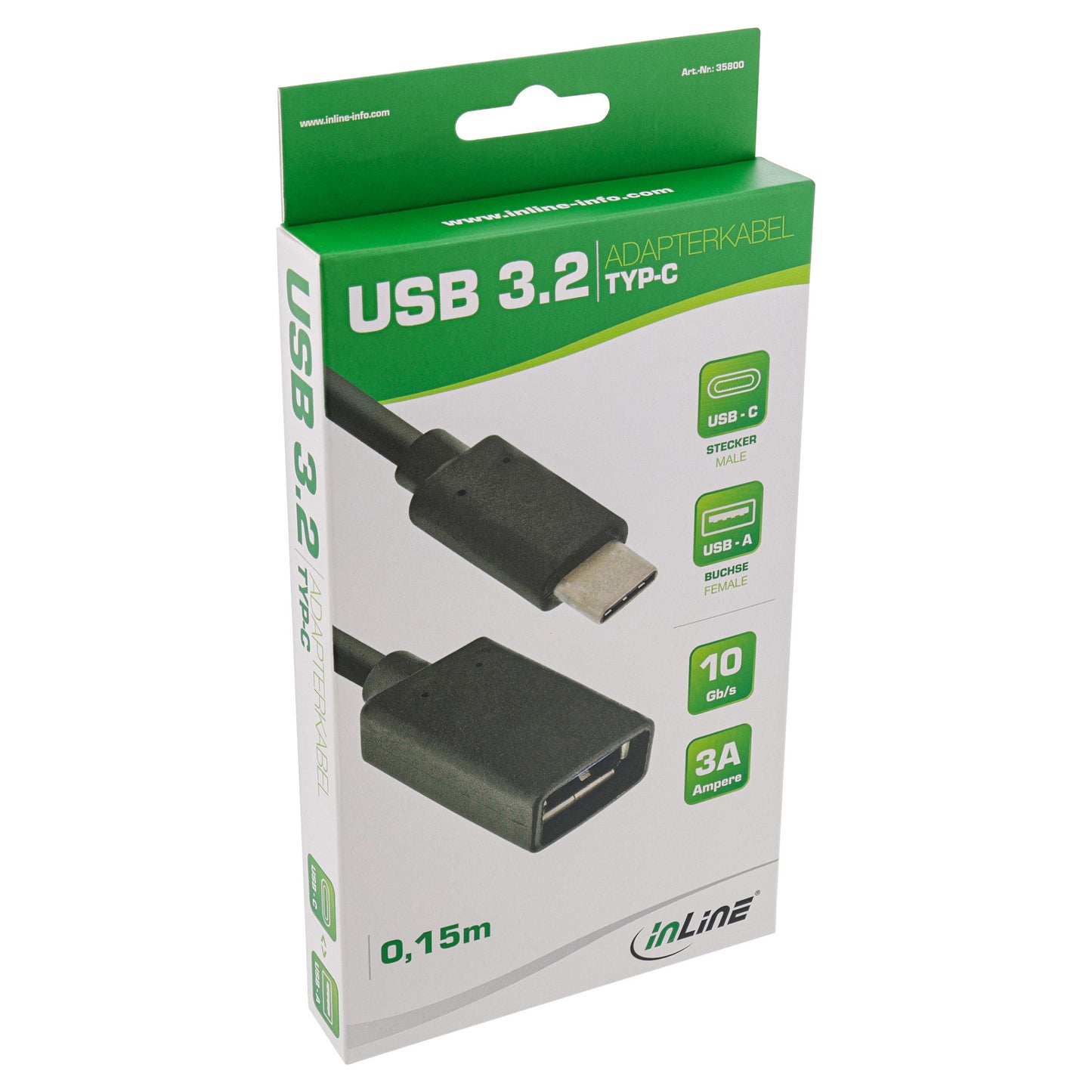 INLINE USB 3.1 Adapterkabel Typ C Stecker an A Buchse schwarz 0,15m