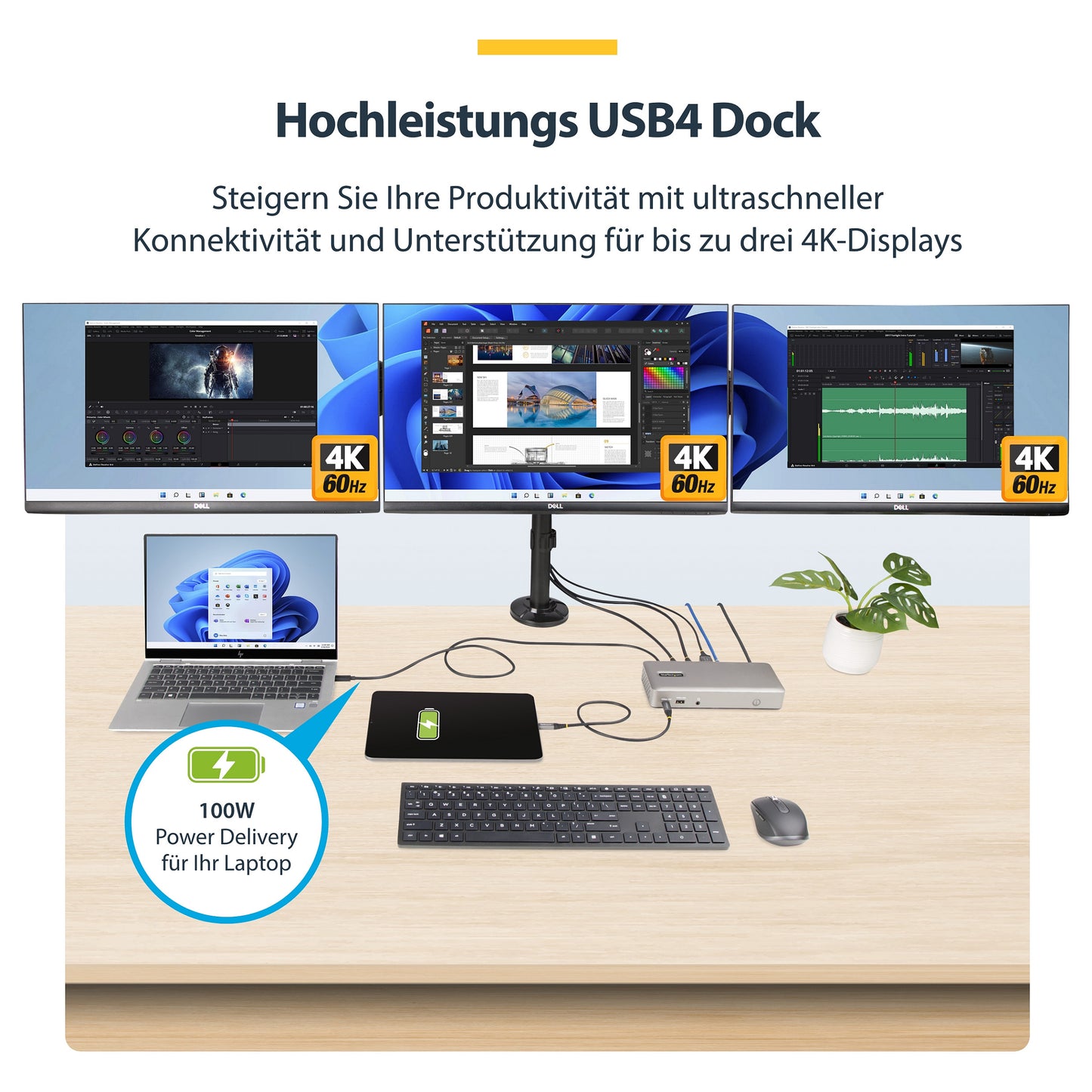 D StarTech 3X MONITOR USB4 DOCK 100W PD