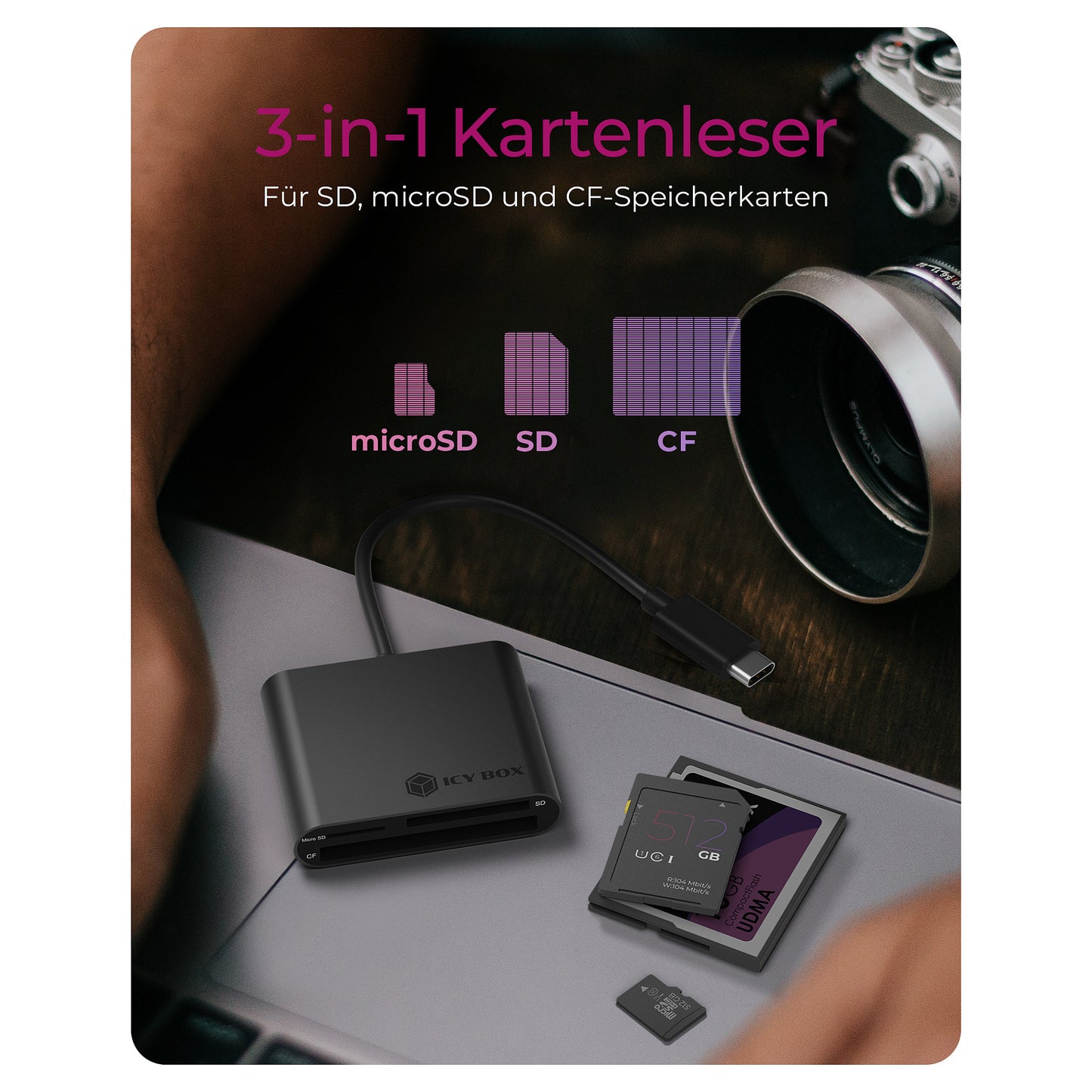 Adapter IcyBox ext. Multi Kartenleser Type-C USB 3.0 extern retail