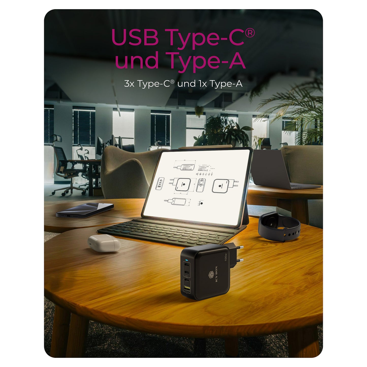 4-Port IcyBox 100W GaN mit PD 3.0