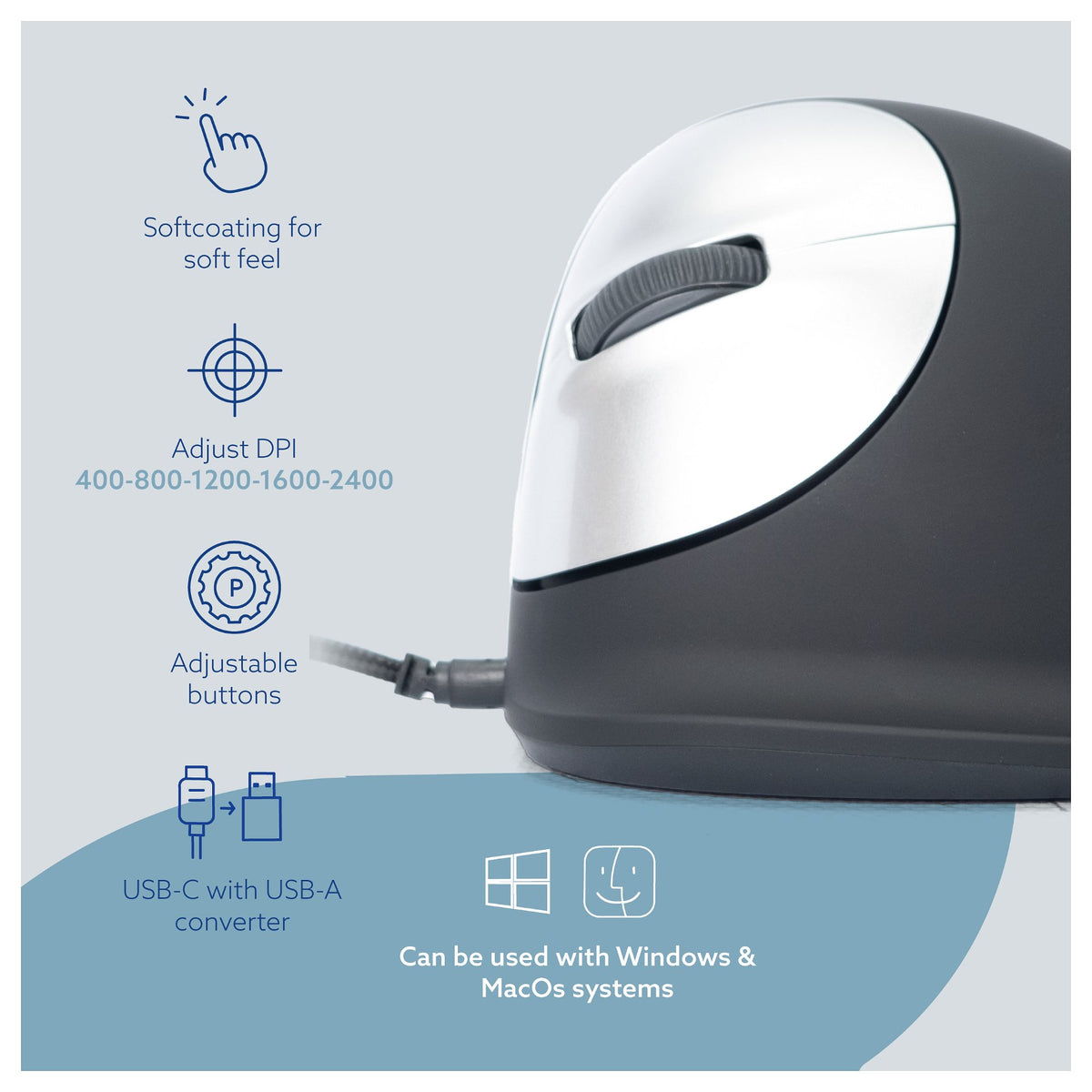 R-Go Maus HE ergonomisch links USB groß schw./silb