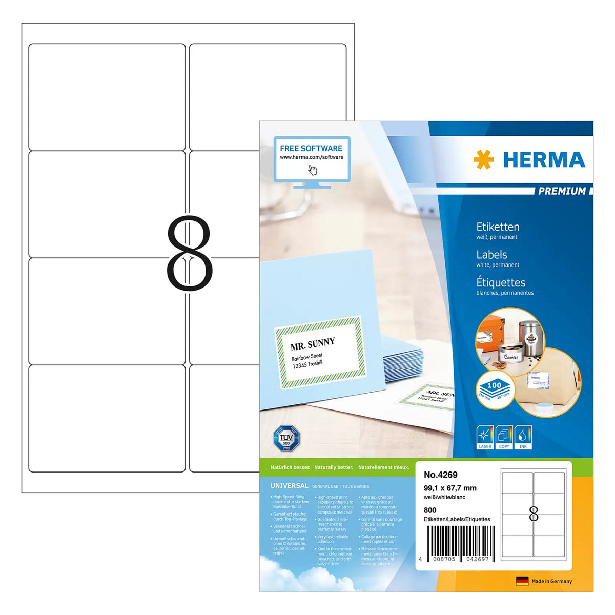 HERMA Adressetiketten A4 weiß 99,1x67,7 mm Papier 800 St.
