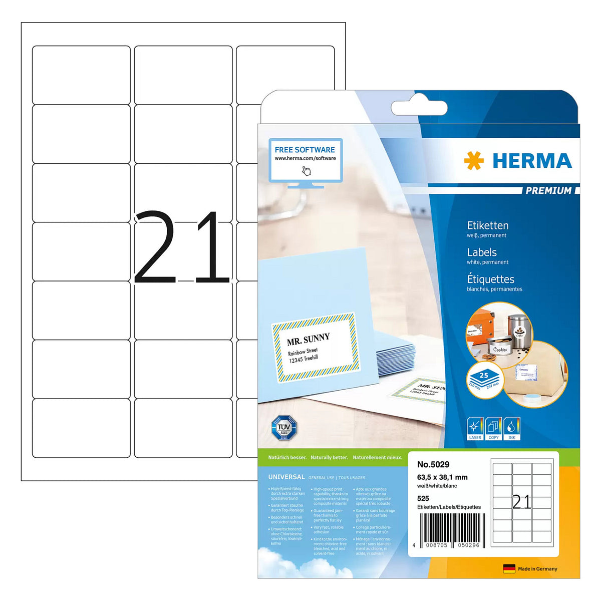 HERMA Adressetik. A4 weiß 63,5x38,1 mm Papier 525 St.