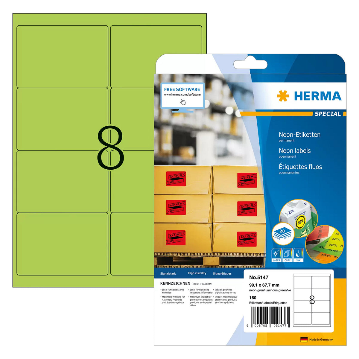 HERMA Etiketten A4 neon-grün 99,1x67,7 mm Papier 160 St.
