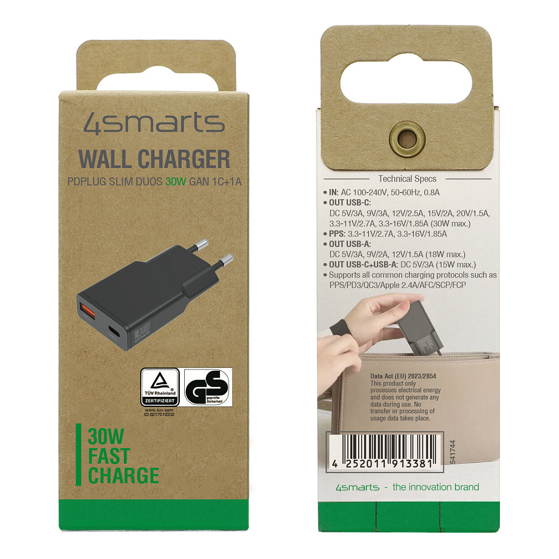 4smarts Netzladegert PDPlug Slim Duos 30W GaN 1C+1A, schwarz