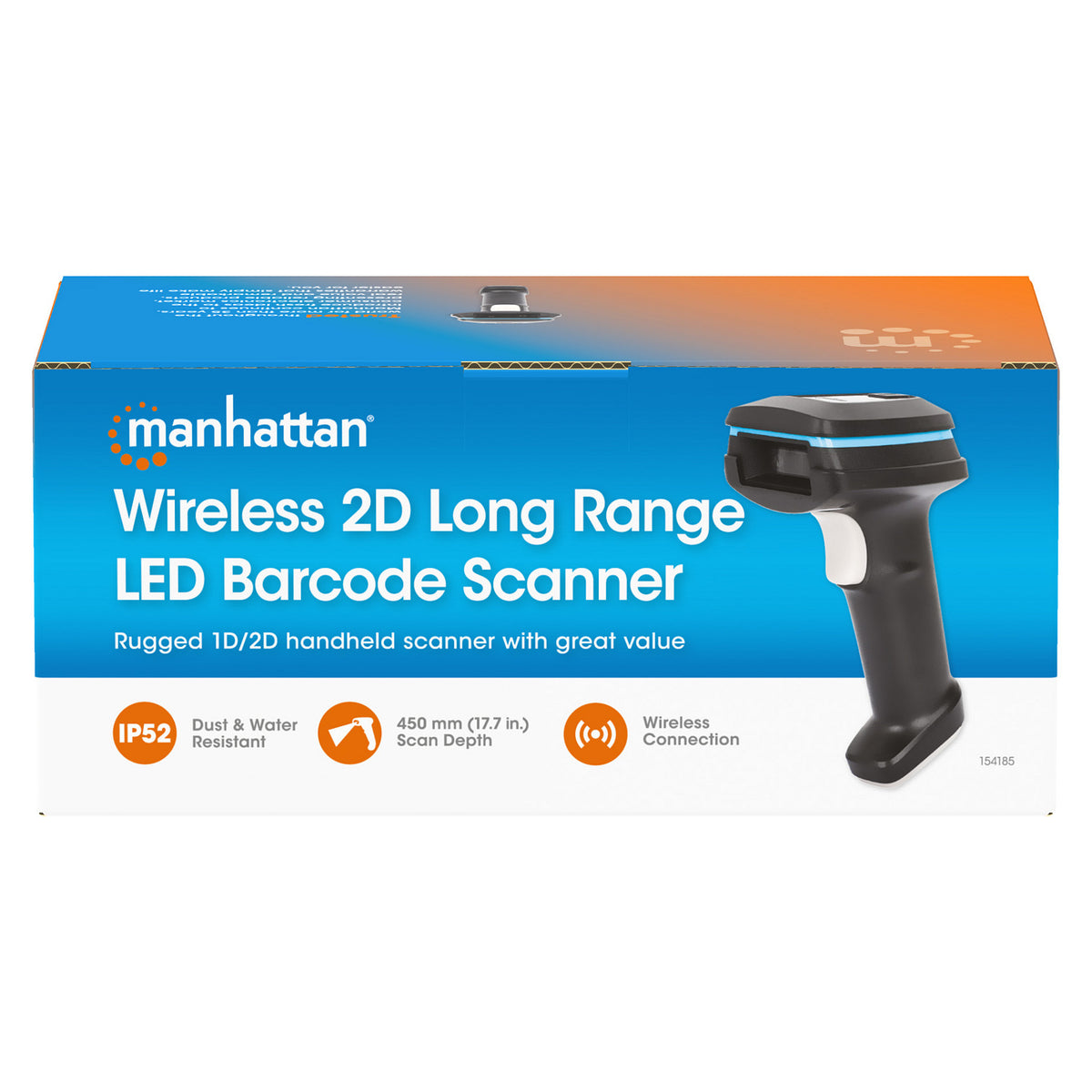 MANHATTAN Kabelloser 2D Long Range LED-Barcodescanner Wireless 4.2 und 2,4 GHz USB-A-Nanoempfänger