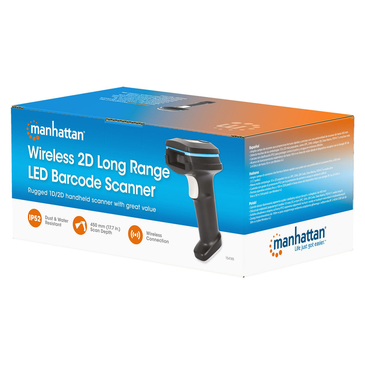 MANHATTAN Kabelloser 2D Long Range LED-Barcodescanner Wireless 4.2 und 2,4 GHz USB-A-Nanoempfänger