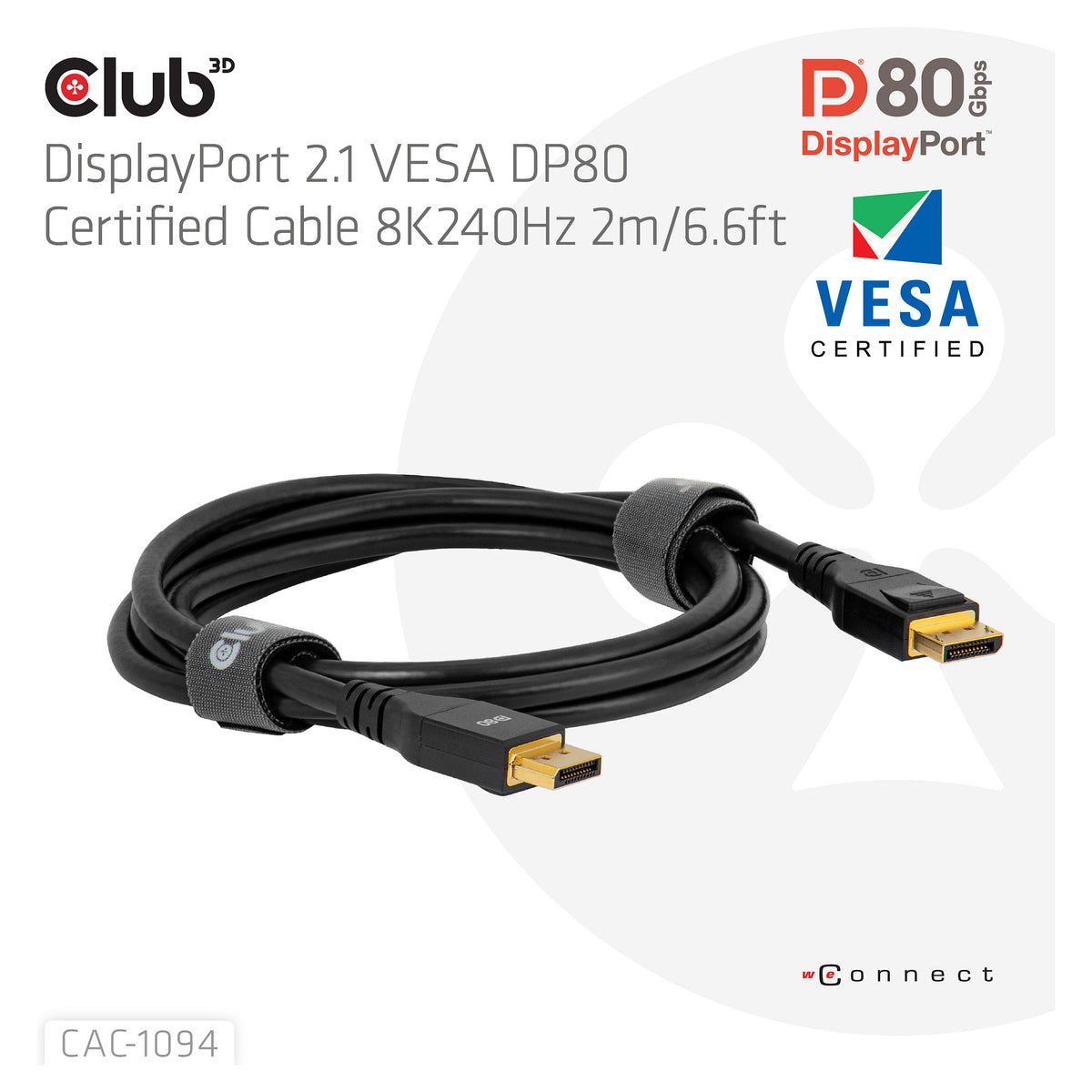 Club 3D DisplayPort 2.1 VESA DP80 Kabel 2m 8K 240Hz St./St. schwarz