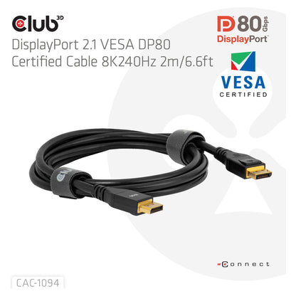 Club 3D DisplayPort 2.1 VESA DP80 Kabel 2m 8K 240Hz St./St. schwarz