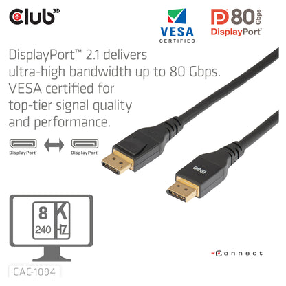 Club 3D DisplayPort 2.1 VESA DP80 Kabel 2m 8K 240Hz St./St. schwarz