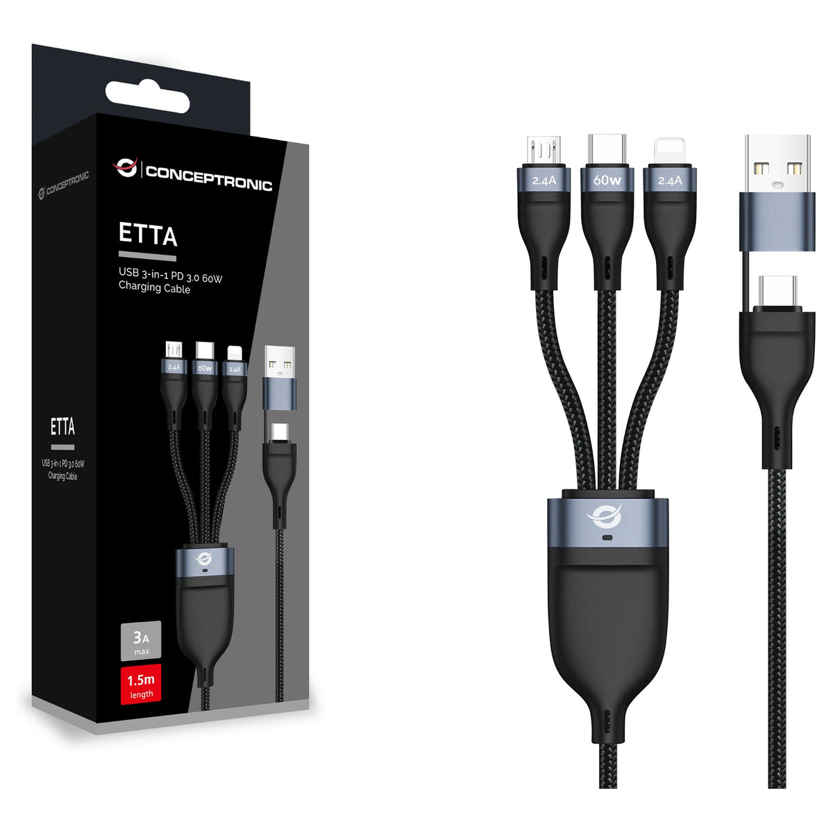 CONCEPTRONIC Kabel USB-C/-A3.0->C/MicroB/+ 480Mbs 1.50m sw