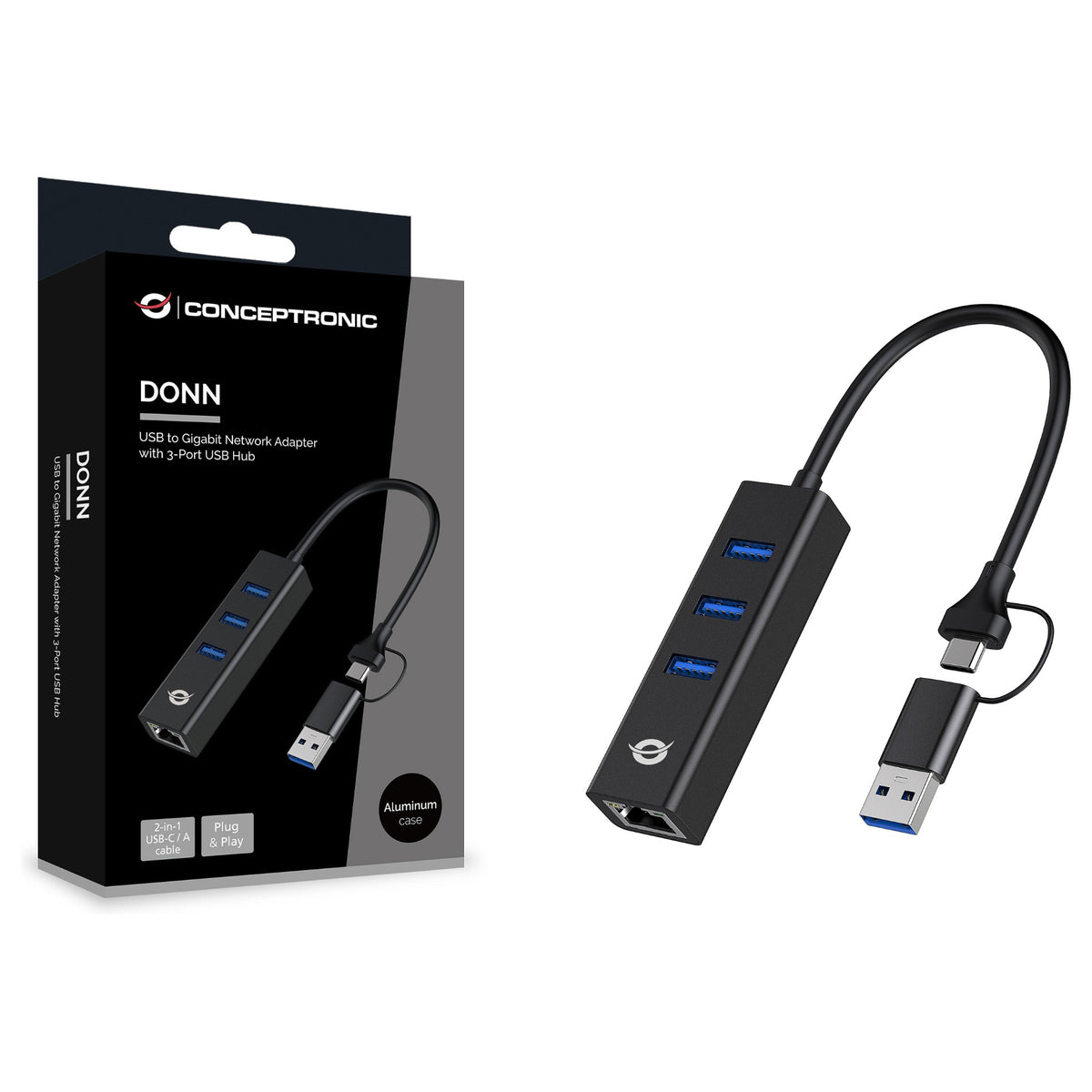 CONCEPTRONIC Adapter USB-C/-A3.0->3xUSB-A/GbE 5Gbs 0.18m sw
