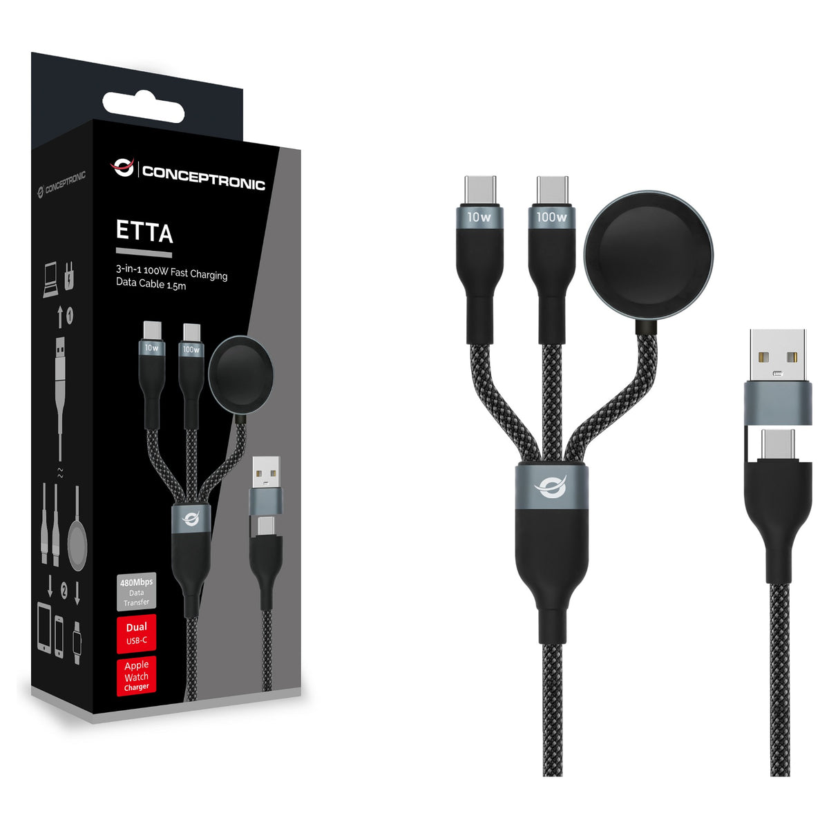 CONCEPTRONIC Kabel USB-C/-A2.0->USB-C/AWC/PD 480Mbs 1.50m sw