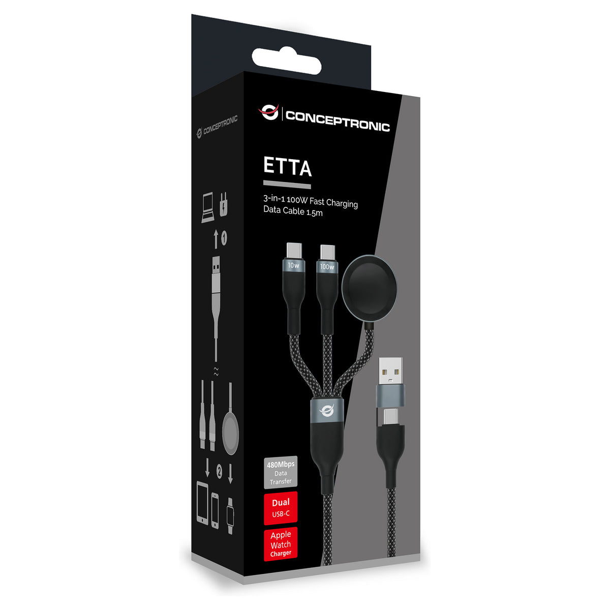 CONCEPTRONIC Kabel USB-C/-A2.0->USB-C/AWC/PD 480Mbs 1.50m sw