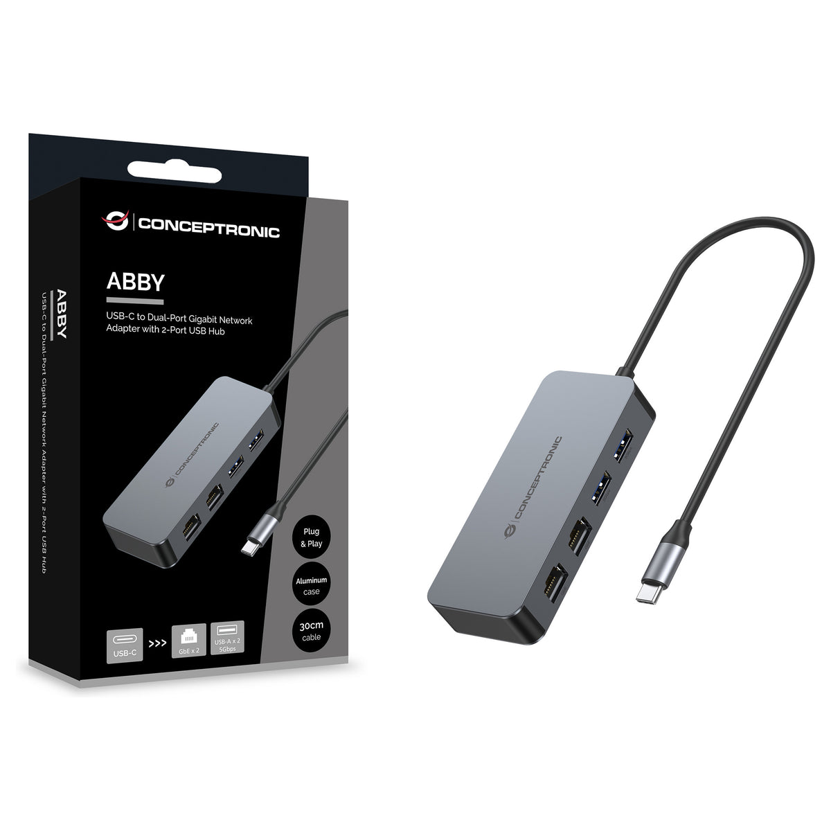 CONCEPTRONIC Adapter USB-C->2xGbE+2xUSB-A3.2 5Gbs 0.30m gr
