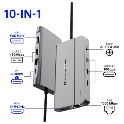 CONCEPTRONIC 10-1 Dock USB-C->HDMI/2xUSB-A/3xUSB-C/100WPD
