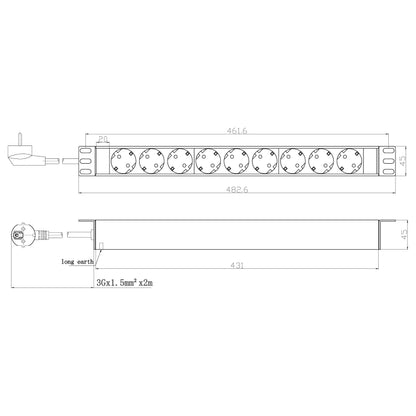 19" 1HE Steckdosenleiste 9xCEE 7/3 ohne Schalter,Alu,sw